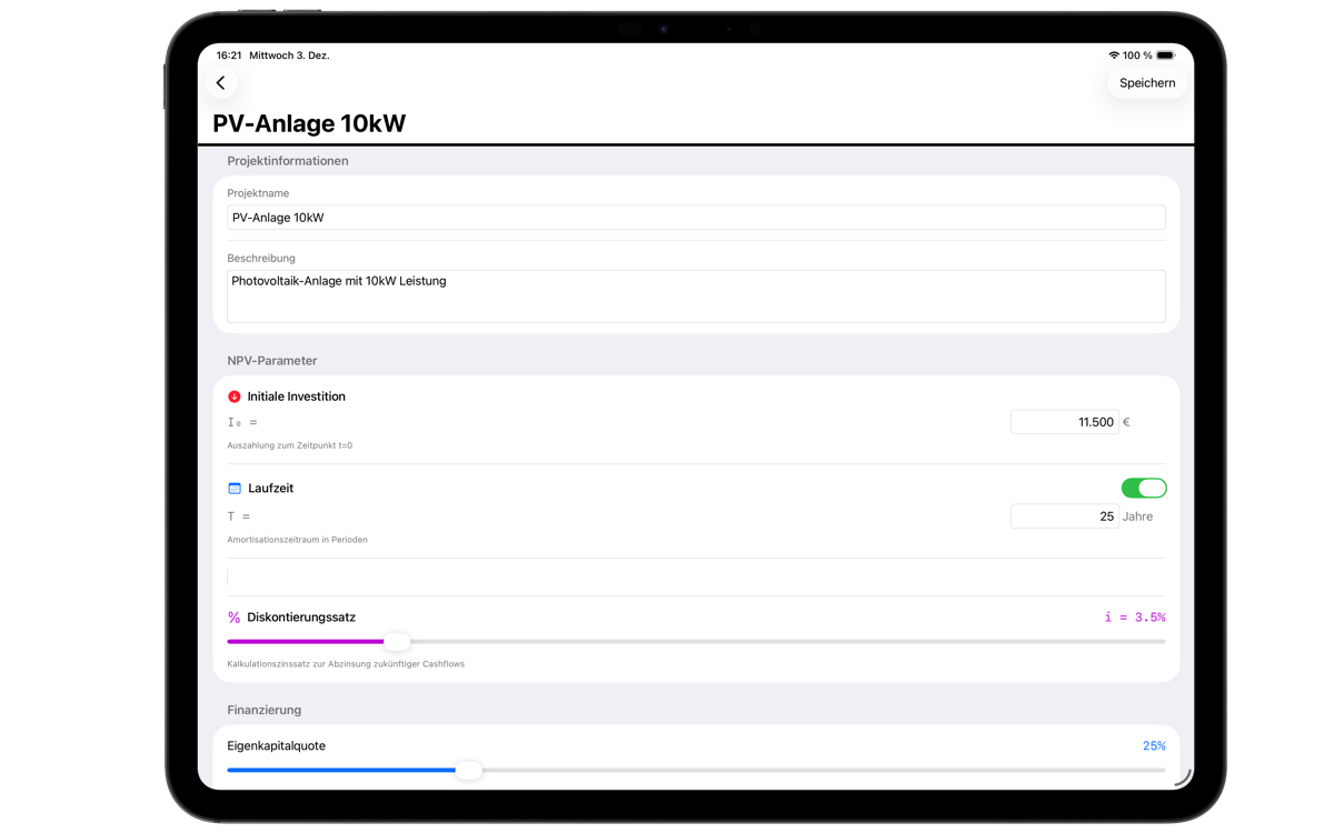 NPV Analytics - Project Input on iPad